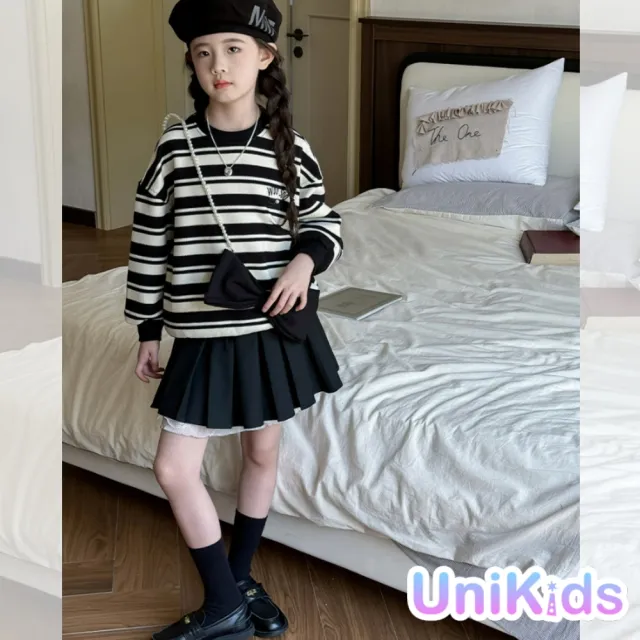 【UniKids】現貨160碼 中大童裝條紋長袖大學T恤 女大童裝  VPQBT-80(黑白條衛衣)