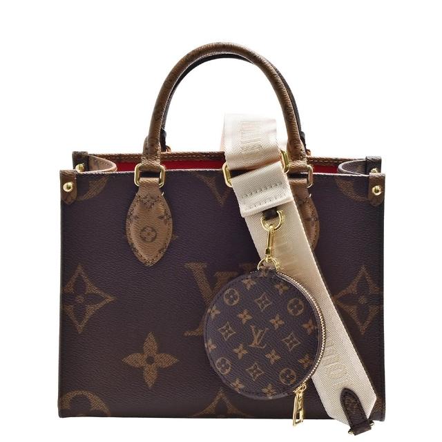LV LOUIS VUITTON 經典 ONTHEGO PM Monogram 雙色帆布手提斜揹包，咖啡色系設計，採用高質牛皮與帆布材質，內附零錢包與原廠防塵套，背帶可調整長度，適合女性日常使用，法國製造，歐洲來源。