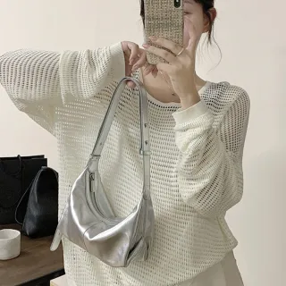 【LEEHER】羊皮包包/餃子包/斜背包/真皮包包/單肩包/腋下包/高級感/軟皮包/銀色包包/包包/
