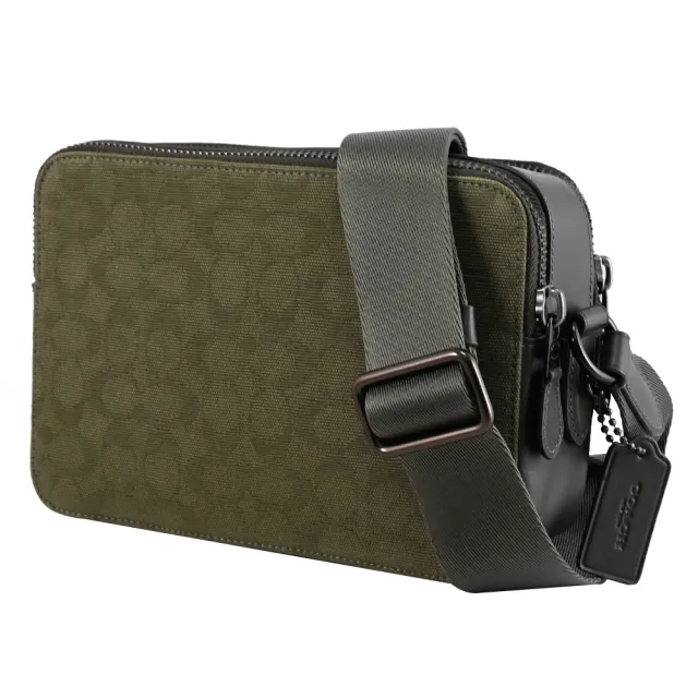 【COACH】Charter 經典C字LOGO緹花拼接寬背帶雙層斜背包(綠 24cm)