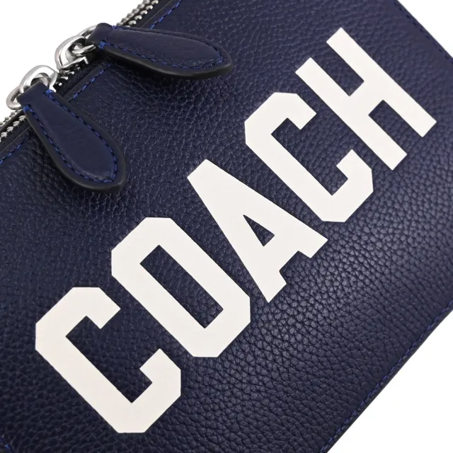 【COACH】Charter 品牌LOGO荔枝皮革雙層二合一零錢包斜背包(深藍)