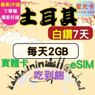 【Star SIM 星光卡】白鑽土耳其上網卡7天每天2GB 高速 無限量 吃到飽(實體卡  eSIM兌換碼紙本寄送)