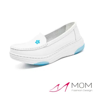 【MOM】真皮樂福鞋 厚底樂福鞋/真皮純色藍色小花圖樣舒適厚底樂福鞋 護士鞋(白)