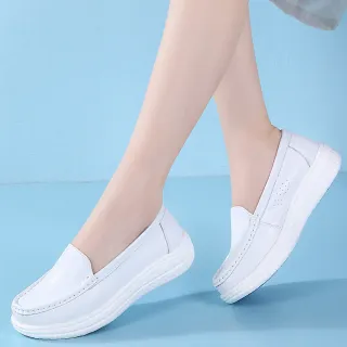 【MOM】真皮樂福鞋 厚底樂福鞋/真皮純色百搭高彈力厚底樂福鞋 護士鞋(白)