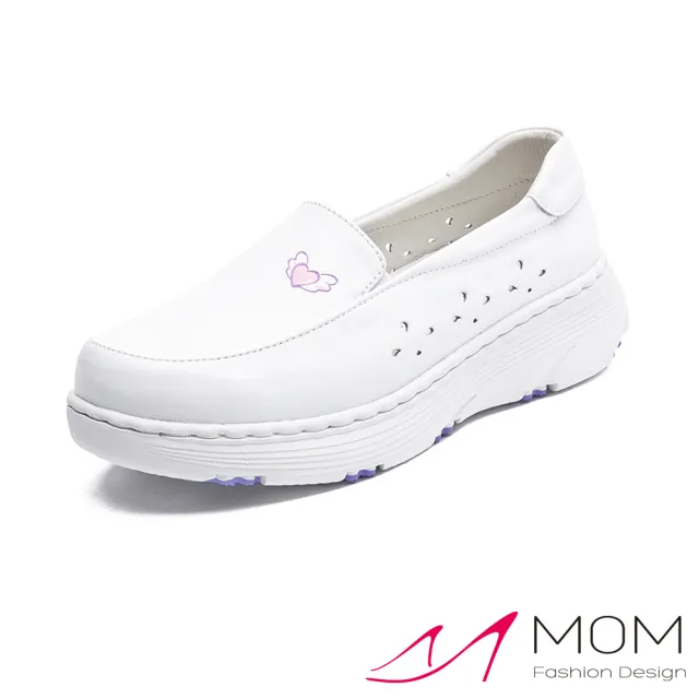 【MOM】真皮樂福鞋 厚底樂福鞋/真皮純色愛心翅膀圖樣側邊花朵縷空厚底樂福鞋 護士鞋(白)