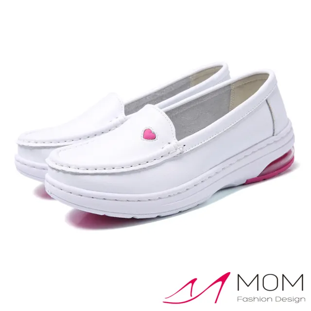 【MOM】真皮樂福鞋 氣墊樂福鞋/真皮純色可愛小桃心彈力氣墊樂福鞋 護士鞋(白粉)