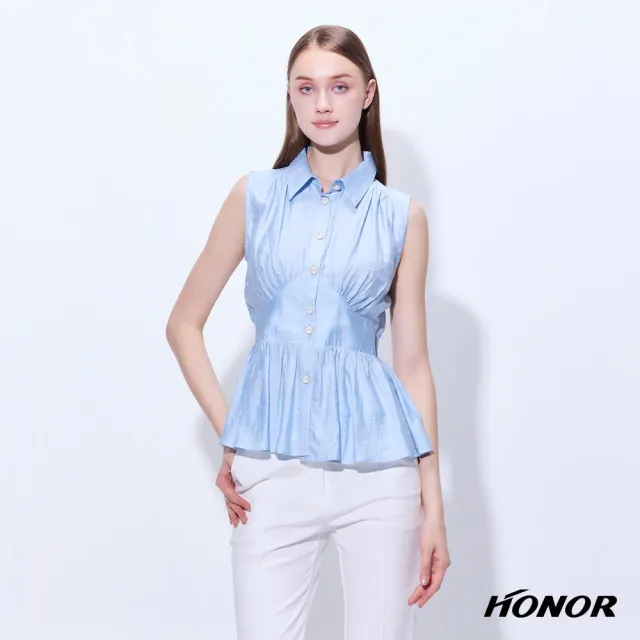 【HONOR 山形屋】出清品 立體抽褶荷葉襬收腰無袖襯衫-藍(限定出清)