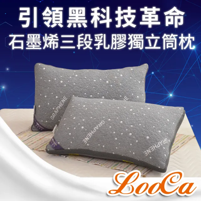 【LooCa】送防蹣枕頭套2入-石墨烯醒腦枕頭2入(抗菌+乳膠+三段式獨立筒枕)