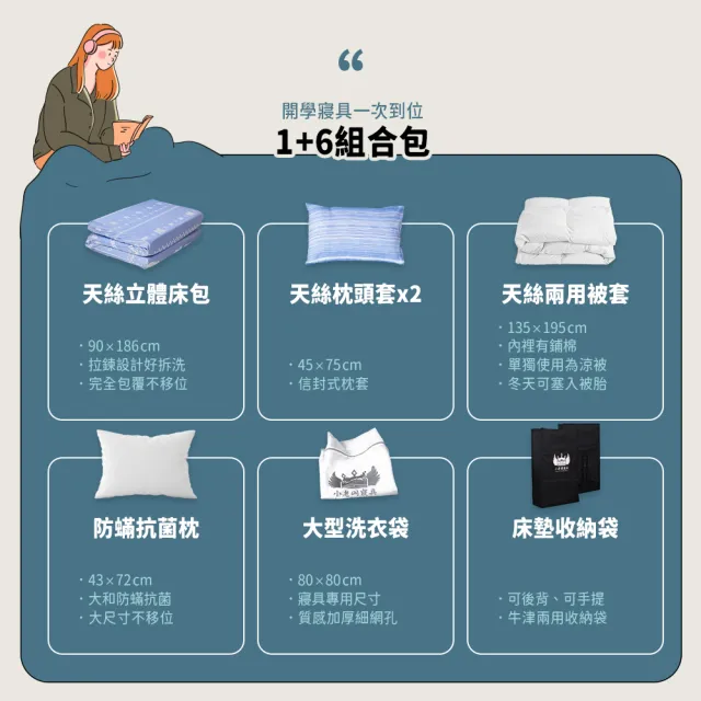 【小老闆寢具】旗艦組 單人加大3.5尺 小老闆開學寢具七件組 C組黑奏樂獨立筒床墊(開學組 學生組 大學床墊)