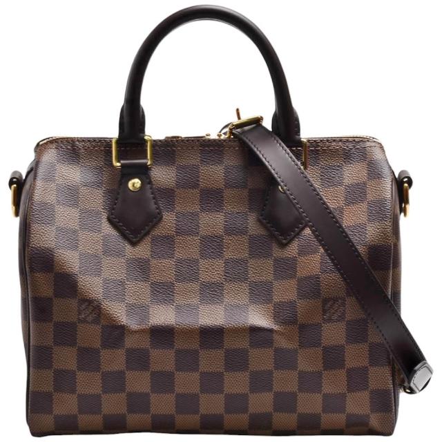 LV LOUIS VUITTON 路易威登 N40575 Speedy Bandoulière 25 系列經典 Damier 帆布兩用包，全新未使用，咖啡色系，外層為牛皮與帆布拼接設計，內層為布面材質，配有原廠防塵袋與背帶，尺寸為長25cm、寬15cm、高19cm，提把高度9cm，背帶約長96cm，法國產，適合女性使用，拉鍊式開口，內有1個內袋，不附底珠，無法放入A4檔案。此款包款為經典設計，兼具時尚與實用性，適合日常出勤與休閒場合。