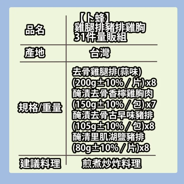 【卜蜂】雞腿排豬排雞胸量販組-共31件(去骨雞腿排-蒜味x8+香檸雞胸肉X7+古早味豬排x8+湖鹽豬排x8_團購美食)