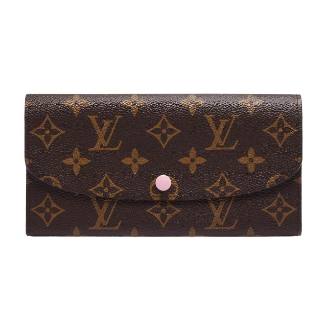 高階時尚品牌 LOUIS VUITTON 路易威登 推出的 M61289 Emilie 系列經典 Monogram 釦式長夾，採用優雅粉紅色系帆布製作，設計簡約大方，適合日常搭配。內層有 6 個夾層與 1 個內袋，提供充足的收納空間，是女性日常出門不可或缺的時尚配件。