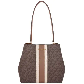 【Michael Kors】PRATT系列 金字LOGO 防刮造型皮革 雙層 肩背包 手提包 水桶包(字母咖)