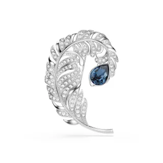 【SWAROVSKI 施華洛世奇】Idyllia 胸針 混合式切割 羽毛 藍色 鍍白金色