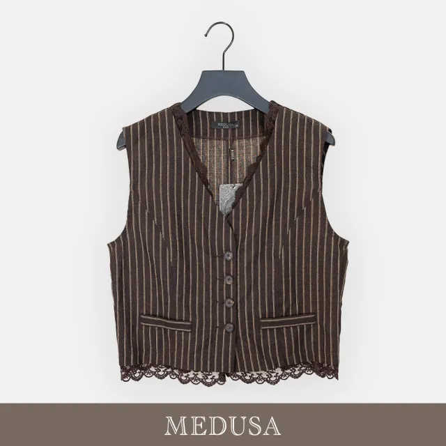 【MEDUSA 曼度莎】現貨-棕色亞麻蕾絲復古感背心外套（M-XL）｜女西裝背心外套 復古外搭 涼感(601-5340A)