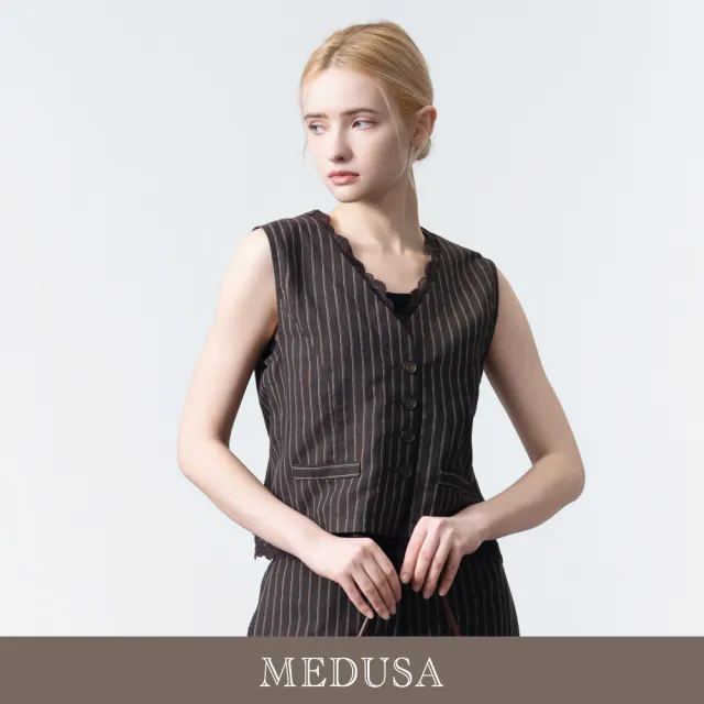 【MEDUSA 曼度莎】現貨-棕色亞麻蕾絲復古感背心外套（M-XL）｜女西裝背心外套 復古外搭 涼感(601-5340A)
