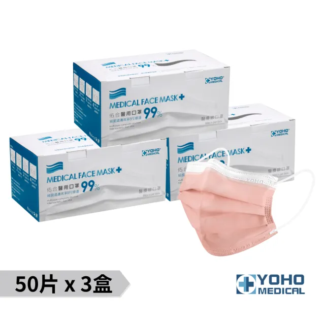 【佑合】成人經典白邊莫蘭迪口罩3盒 奶堤粉 50入/盒(醫療口罩)