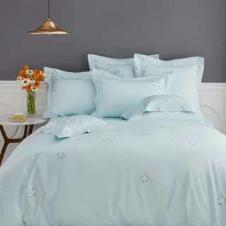 【WEDGWOOD】100%長纖棉刺繡 薄被套床包枕套四件組 特大(甜檸檬 晨霧綠｜80支400織)