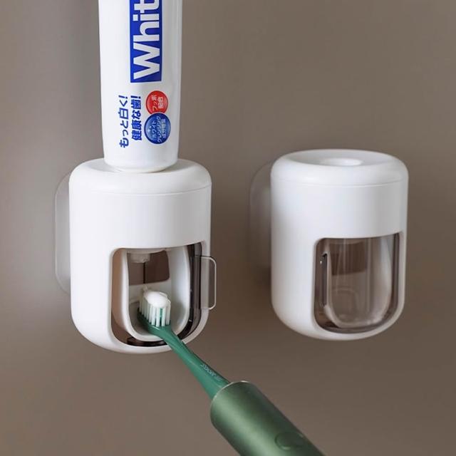 【時光良品】2入高質感無印★防水滑蓋無痕貼片真空自動擠牙膏器 壁掛牙膏架擠壓器(可拆洗/定量免釘鑽打孔)