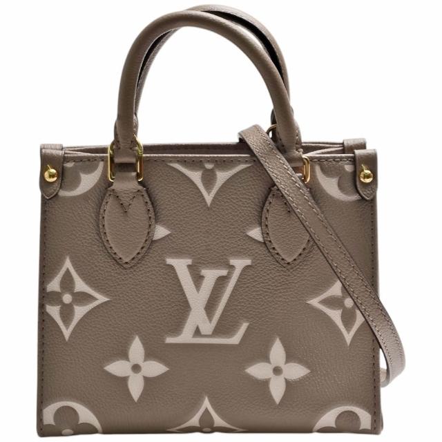 【Louis Vuitton 路易威登】M47054經典OnTheGo BB Monogram雙色Empreinte皮革手提/斜背包(迷你-奶油/灰色)