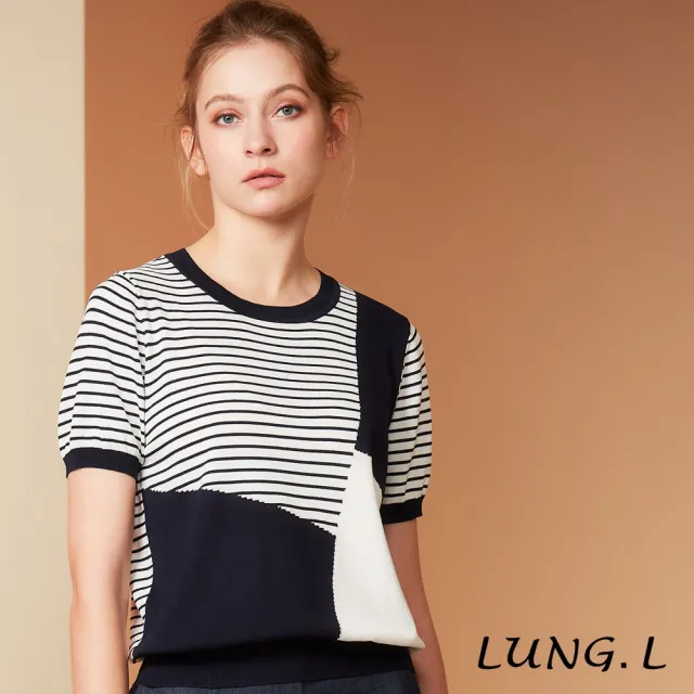 【LUNG.L 林佳樺】L853A 白色拼接藏青藍拼接條紋短袖針織女裝上衣(春夏新品)