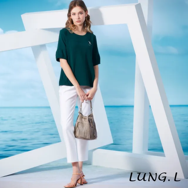 【LUNG.L 林佳樺】LS85A 綠色圓領前胸飾品五分燈籠袖女裝上衣(春夏新品)