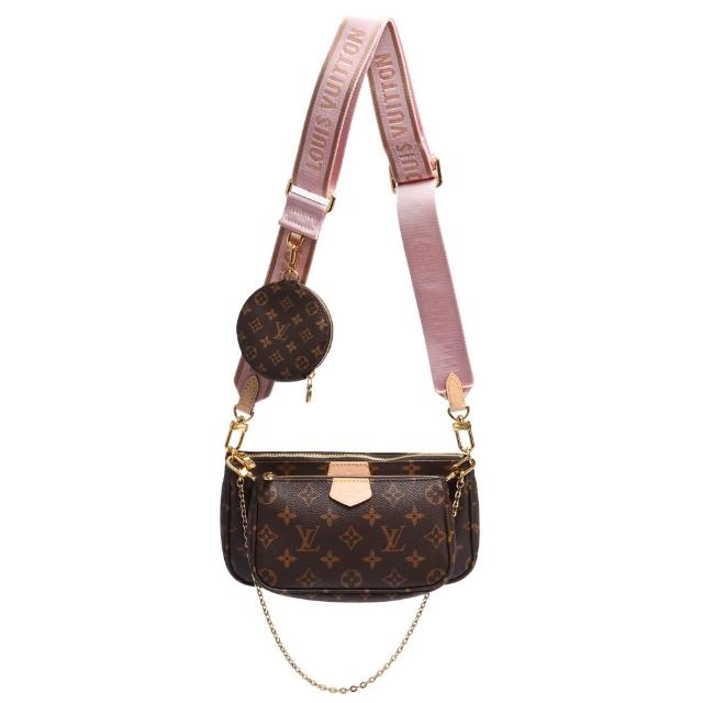 【Louis Vuitton 路易威登】M44840 Multi Pochette經典帆布牛皮飾邊提花肩帶混合式手拿/肩背包(淺粉色)
