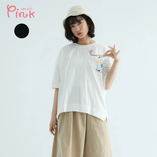 【PINK NEW GIRL】氣球貓咪刺繡寬版T/短袖上衣 Y3316AT(2色)
