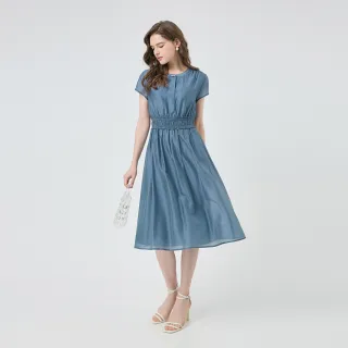【ILEY 伊蕾】萊賽爾鬆緊收腰短袖洋裝(藍；M-XL；1252467006)