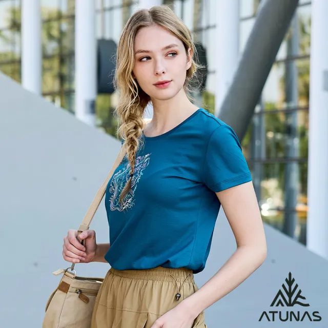 【ATUNAS 歐都納】女款再生循環回收ATUNAS-TEX短袖T恤(A2TS2532WC孔雀藍/防曬抗UV/休閒/吸濕排汗透氣)