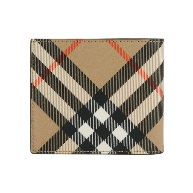 【BURBERRY 巴寶莉】經典格紋帆布對開8卡短夾(沙色)