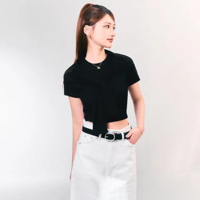 【MAJOR MADE】柔軟刺繡假兩件披肩短T(女裝短袖/刺繡上衣/披肩短T)