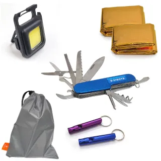 【DIBOTE 迪伯特】居家防災包救難包(哨子.保溫毯.瑞士刀.扣燈收納袋)