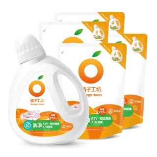 【橘子工坊】天然無香精制菌洗衣精-洗淨病毒升級版 1+4組(1800mlx1瓶+1700mlx4包)