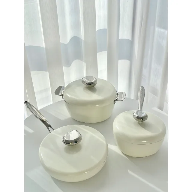 【Velosan 溫侖山】鵝卵石鑄鋁煎鍋26cm 附蓋-白色(適用電磁爐、瓦斯爐、IH爐等多種爐具)