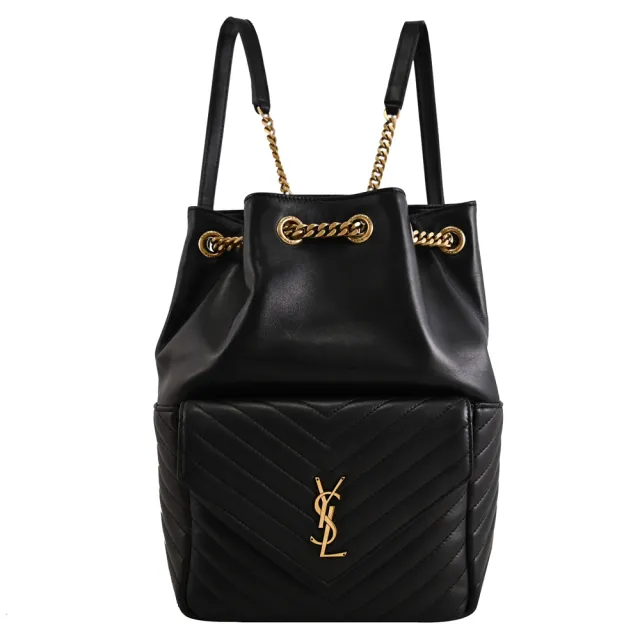 【YSL】JOE 簡約金屬LOGO絎縫小羊皮抽繩背帶肩背包後背包(黑)