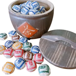 【茶韻】史上最強聚寶盆 普洱茶禮盒 小沱茶(宜興原礦紫砂仿古木桶罐+必買花草系6口味迷你熟沱半斤)