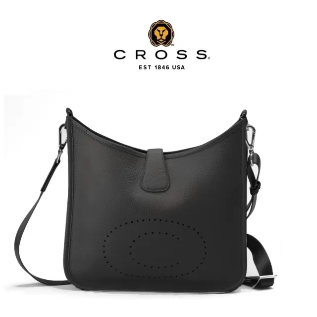 【CROSS】台灣總經銷 限量1折 頂級小牛皮荔枝紋鏤空洞洞C LOGO側肩包 艾芙琳系列 全新專櫃展示品(黑色)