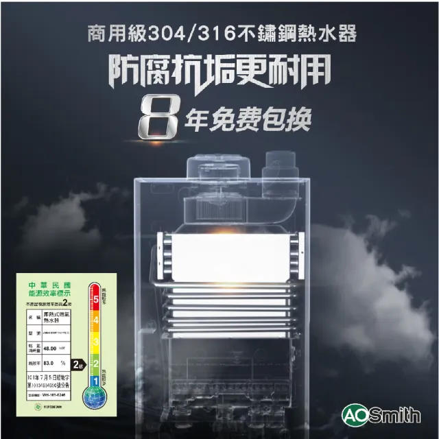 【A.O.Smith】AO史密斯 24L商用不鏽鋼瓦斯熱水器 防CO偵測器(JSQ48-ST24T NG1/FE式 含基本安裝 適用天然氣)