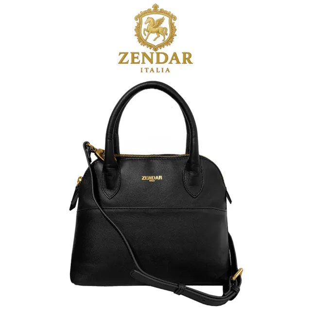 【ZENDAR】限量1折 頂級小牛皮十字紋手提側背貝殼包 卡門系列 全新專櫃展示品(黑色)