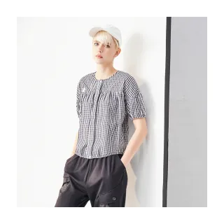 【Le Polka】格紋剪接抽褶上衣-女