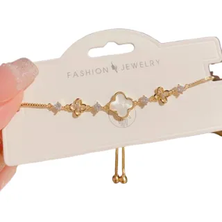 【ANGEL】甜心四葉草貝殼奶白水鑽可抽拉式手鍊(金色)