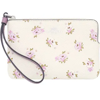 【COACH】粉紫玫瑰花X白PVC+紫色皮革手提帶單拉鍊手拿包