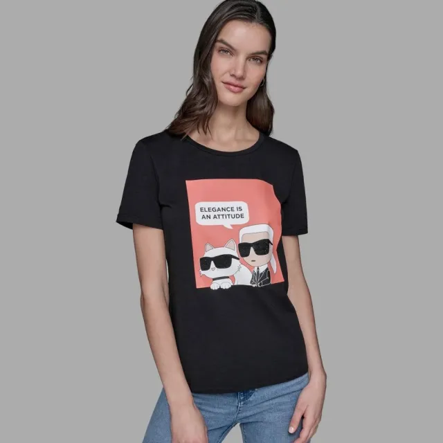 【KARL LAGERFELD 卡爾】IKONIK KARL & CHOUPETTE SLOGAN短袖TEE 黑(原廠公司貨)