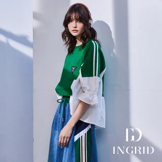 【IGD 英格麗】實體同步款-立體針織感壓紋拼接荷葉袖上衣(綠色)