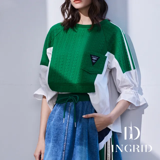 【IGD 英格麗】實體同步款-立體針織感壓紋拼接荷葉袖上衣(綠色)