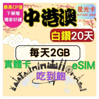【星光卡  STAR SIM】白鑽中港澳 中國香港澳門免翻牆20天每天2GB 高速 無限量 吃到飽(實體卡 eSIM)