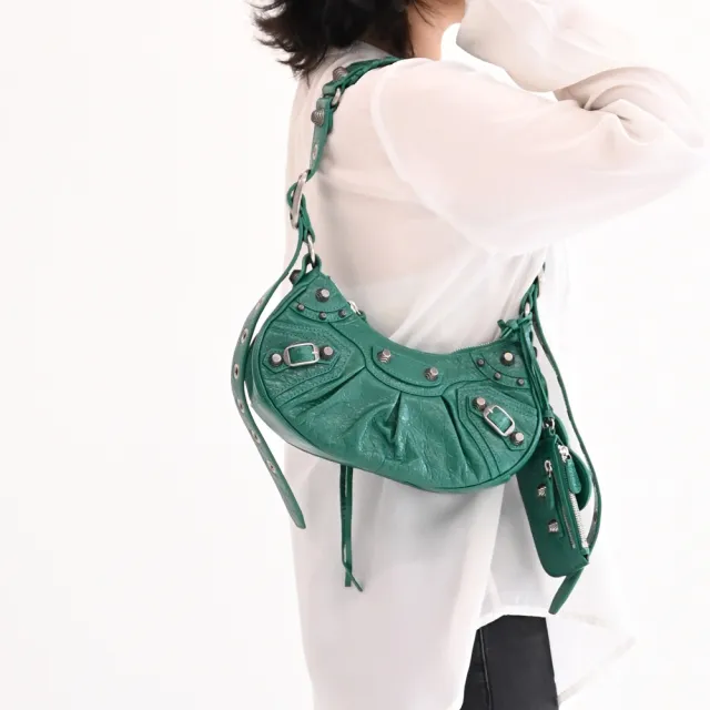 【Balenciaga 巴黎世家】經典鉚釘裝飾小羊皮2合1零錢包肩背斜背包(綠)