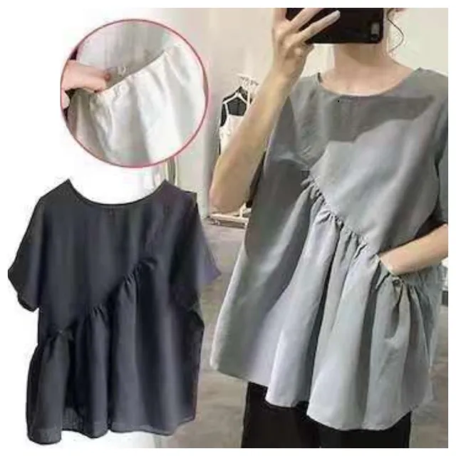 【ASister 小姊姊】*出清品*現貨在庫★上衣☆短袖*法式圓領斜面設計*隱藏口袋娃娃裝(3色 S-XL #AS1334)