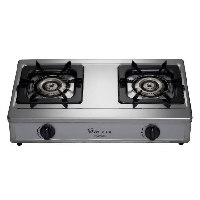 JTL喜特麗 JT-GT205S 雙口傳統瓦斯爐，採用不鏽鋼爐臺材質，耐用防鏽，壓電式點火方便點燃。爐頭尺寸適合日常烹飪，瓦斯消耗量8~9kW，能源效率第二級，節能環保。機體尺寸700x380x160mm，中國製造，保固1年，標準安裝，BSMI許可R31028。理想家用廚房瓦斯爐選擇，提升烹飪效率。
